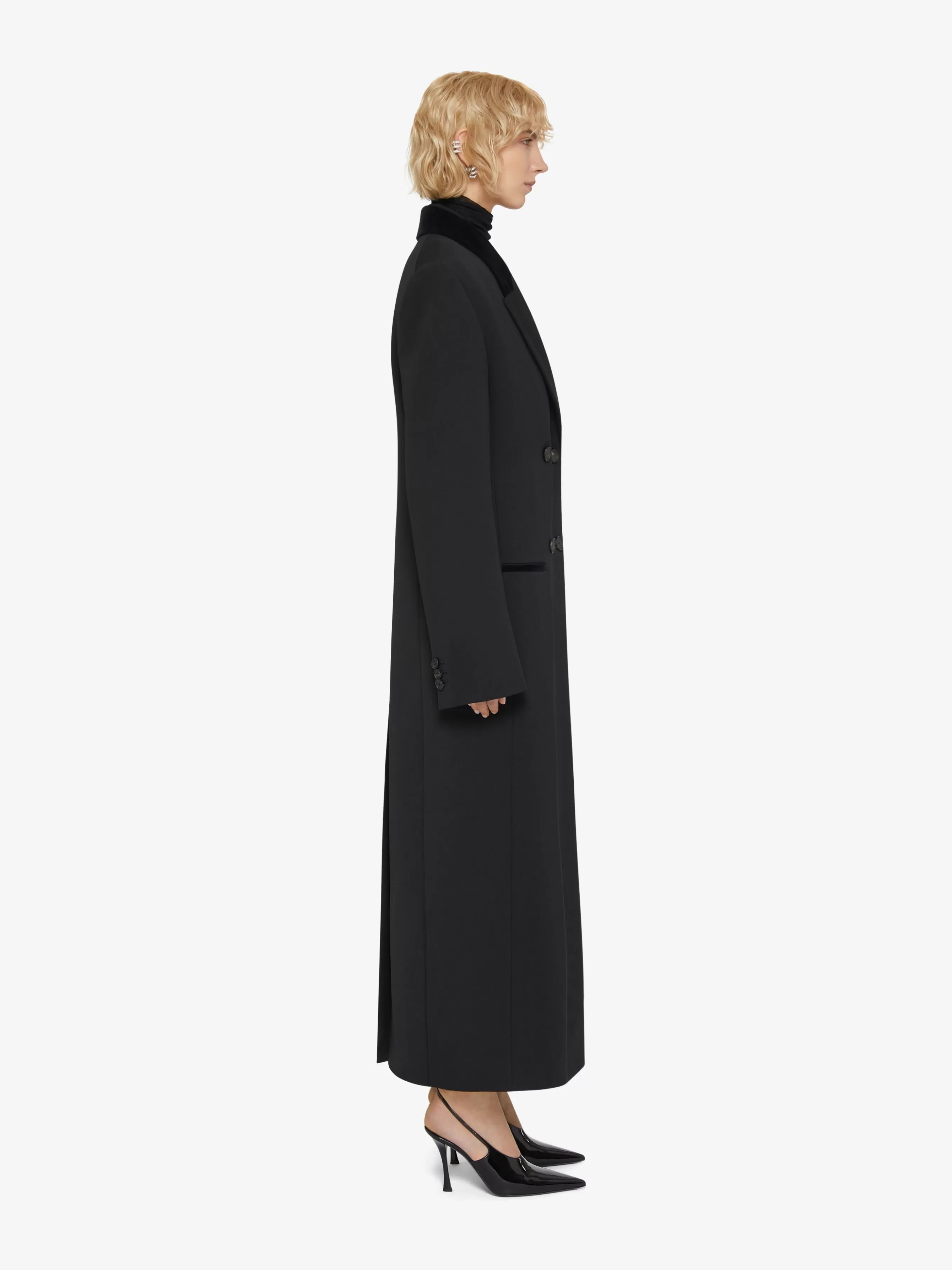 GIVENCHY Jackets & Coats-Double breasted coat in tricotine wool with velvet details