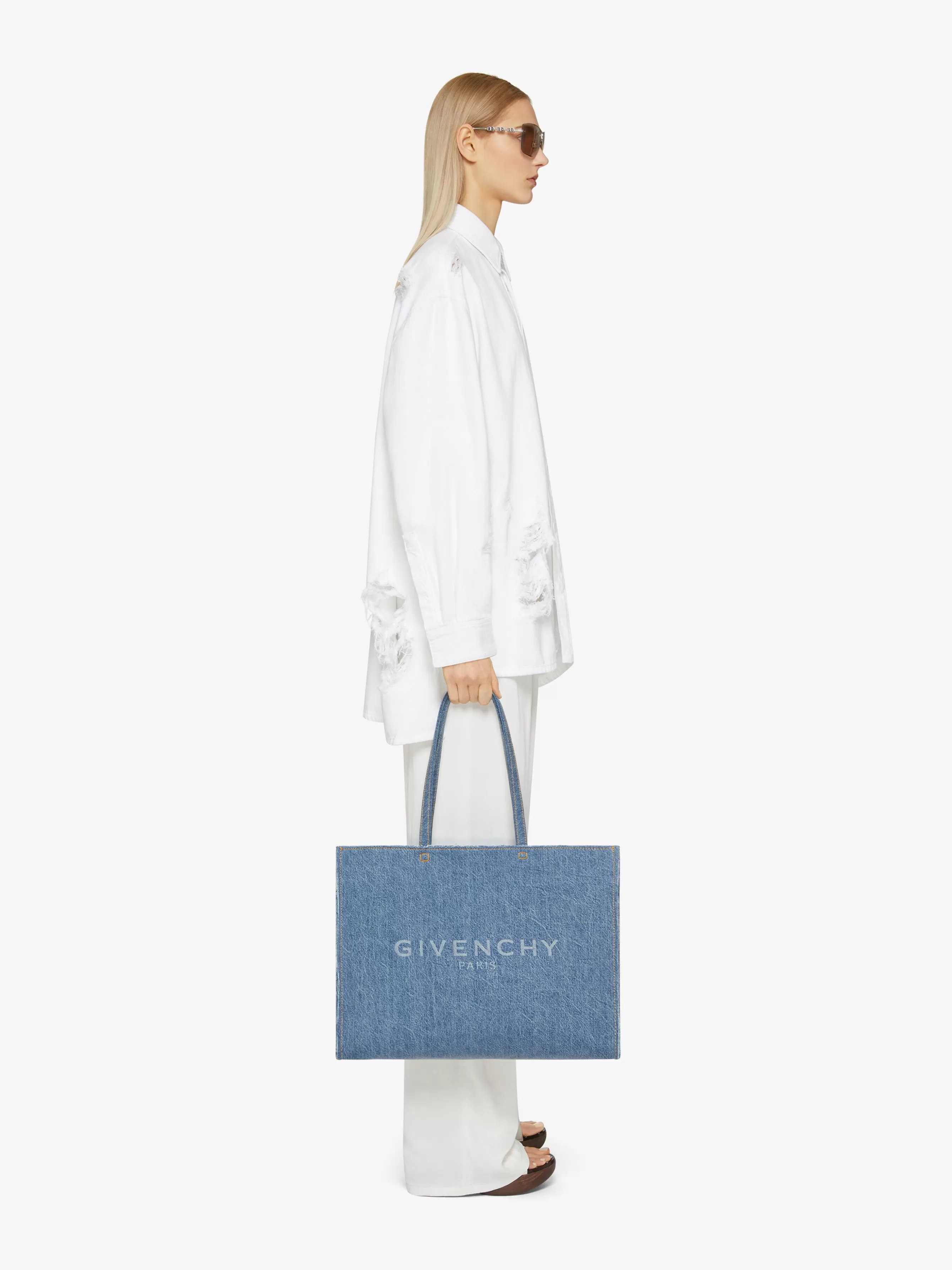 Sale GIVENCHY Tops & T-shirts-Oversized shirt with long back in destroyed denim