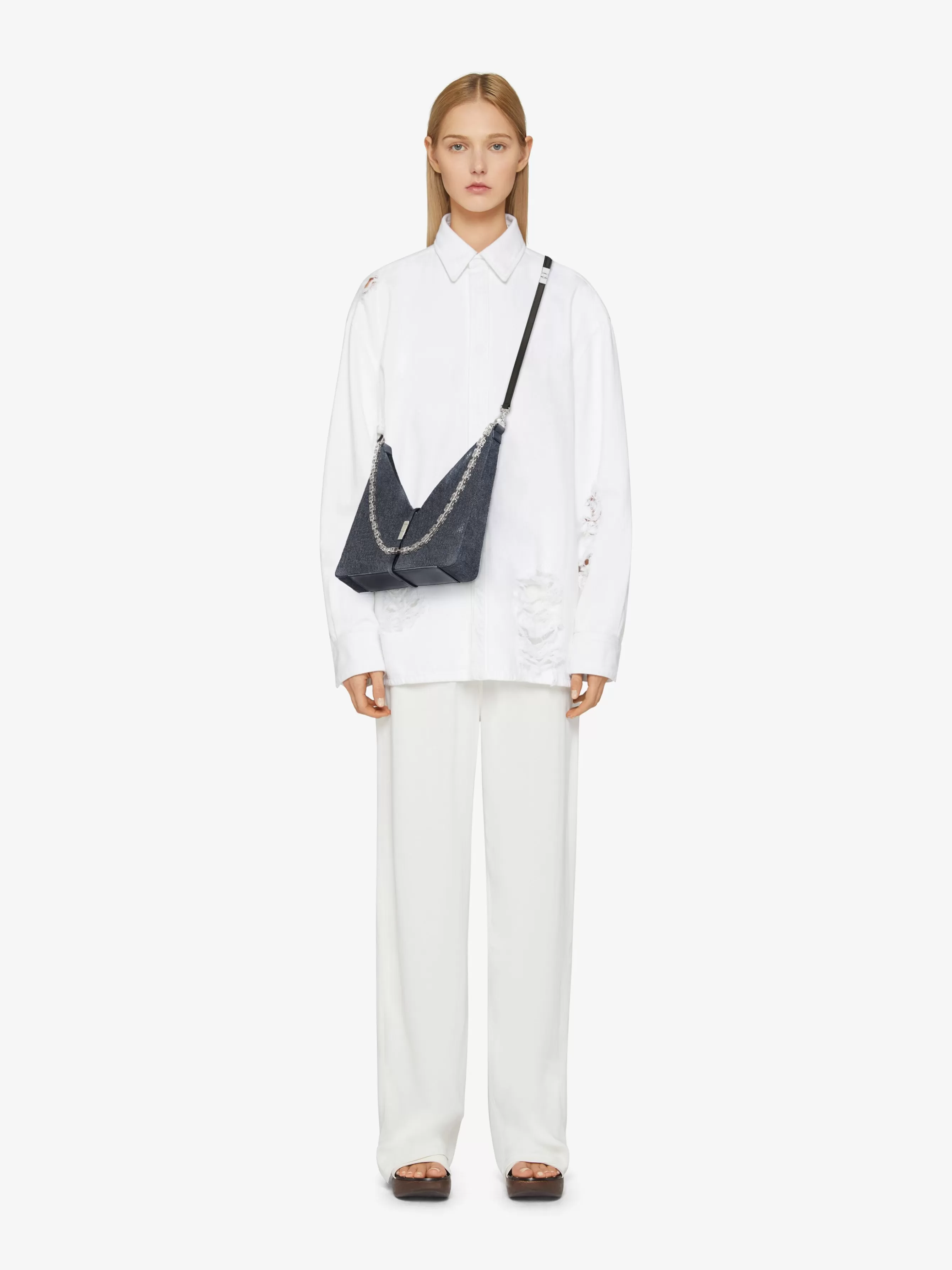 Men/Women GIVENCHY Slides & Sandals | Week-end Bags-Small Cut Out bag in washed denim with chain